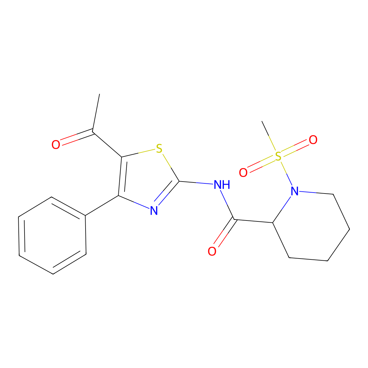 N-(5-acetyl-4-phenylthiazol-2-yl)-1-(methylsulfonyl)piperidine-2-carboxamide molecular structure, CAS 1214833-42-7