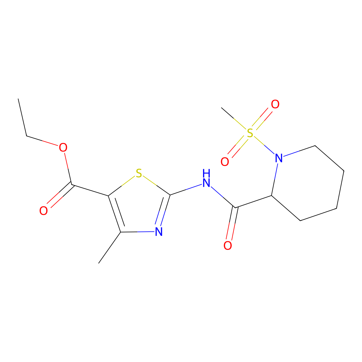Ethyl 4-methyl-2-(1-(methylsulfonyl)piperidine-2-carboxamido)thiazole-5-carboxylate molecular structure, CAS 1214838-74-0