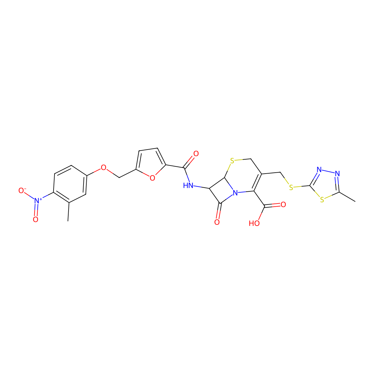 7-[({5-[(3-Methyl-4-nitrophenoxy)methyl]furan-2-yl}carbonyl)amino]-3-{[(5-methyl-1,3,4-thiadiazol-2-yl)sulfanyl]methyl}-8-oxo-5-thia-1-azabicyclo[4.2.0]oct-2-ene-2-carboxylic acid molecular structure, CAS 1214856-52-6