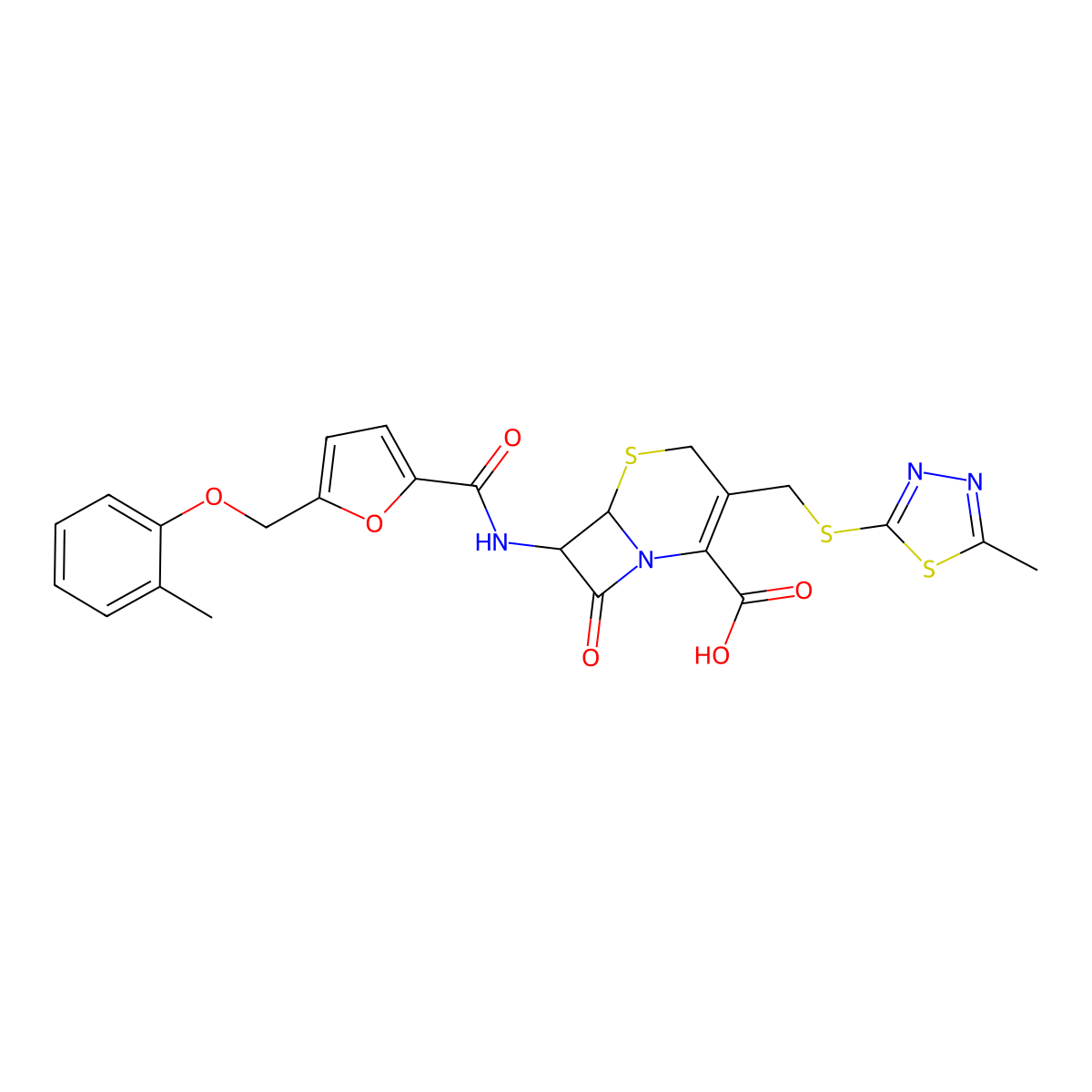 7-[({5-[(2-Methylphenoxy)methyl]furan-2-yl}carbonyl)amino]-3-{[(5-methyl-1,3,4-thiadiazol-2-yl)sulfanyl]methyl}-8-oxo-5-thia-1-azabicyclo[4.2.0]oct-2-ene-2-carboxylic acid molecular structure, CAS 1214860-24-8
