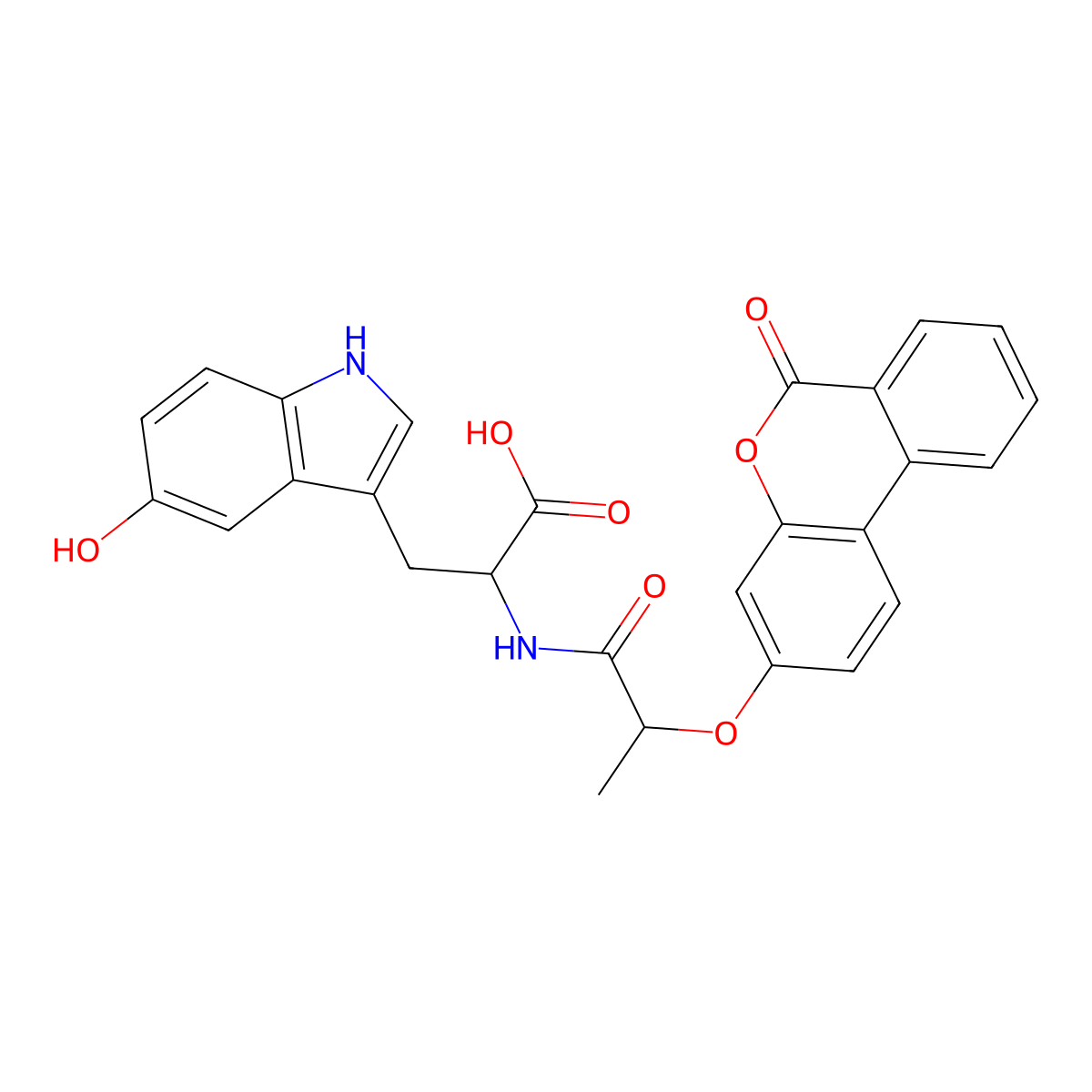 3-(5-hydroxy-1H-indol-3-yl)-2-(2-((6-oxo-6H-benzo[c]chromen-3-yl)oxy)propanamido)propanoic acid molecular structure, CAS 1214864-54-6