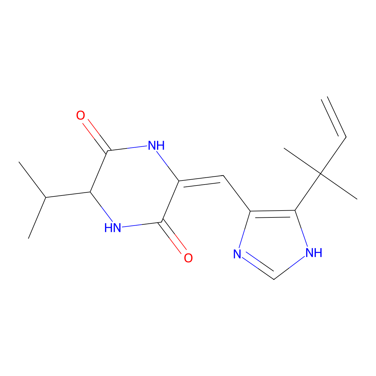 (3Z)-3-[[5-(2-methylbut-3-en-2-yl)-1H-imidazol-4-yl]methylidene]-6-propan-2-ylpiperazine-2,5-dione molecular structure, CAS 1214872-70-4