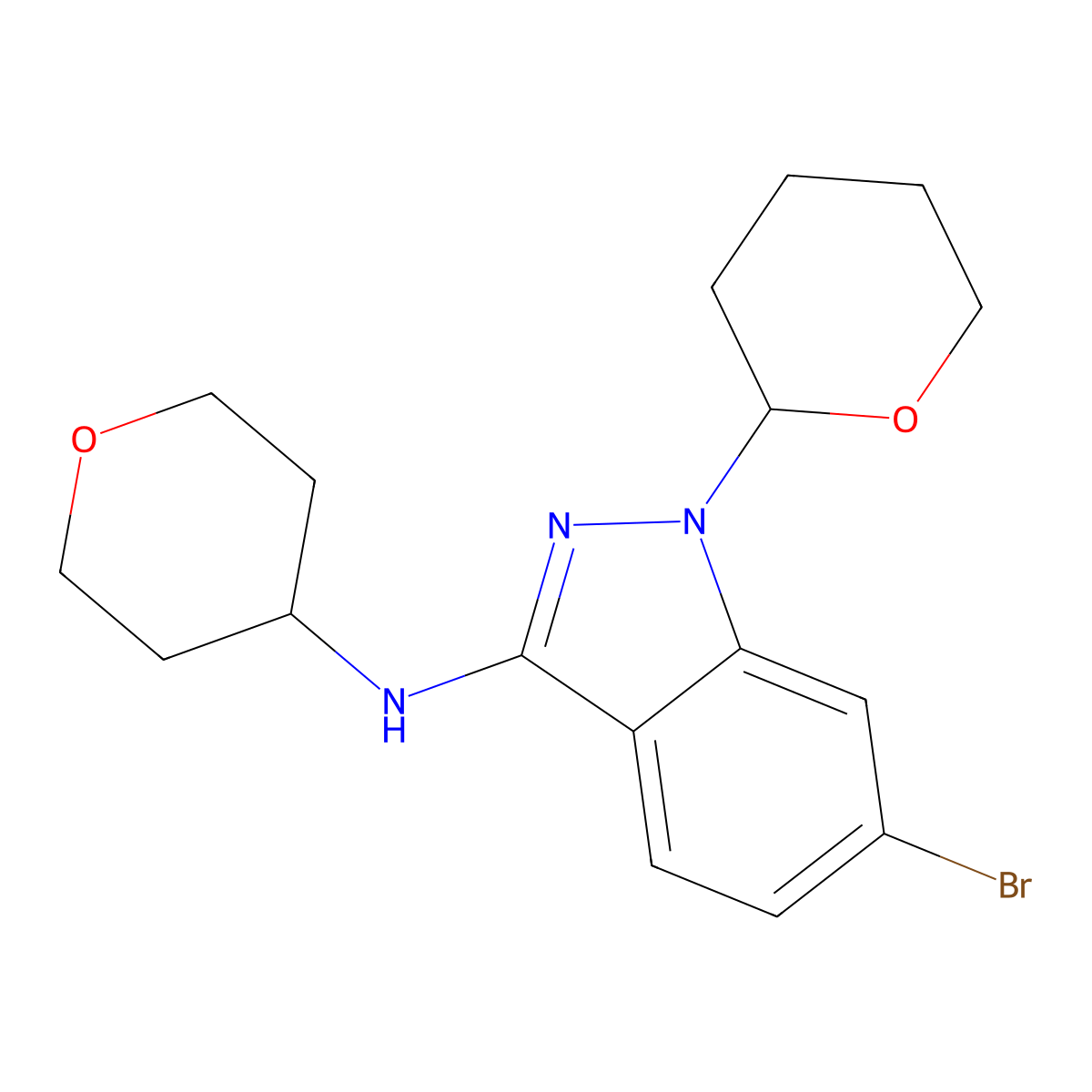 6-Bromo-1-(tetrahydro-2H-pyran-2-yl)-N-(tetrahydro-2H-pyran-4-yl)-1H-indazol-3-amine molecular structure, CAS 1214900-68-1