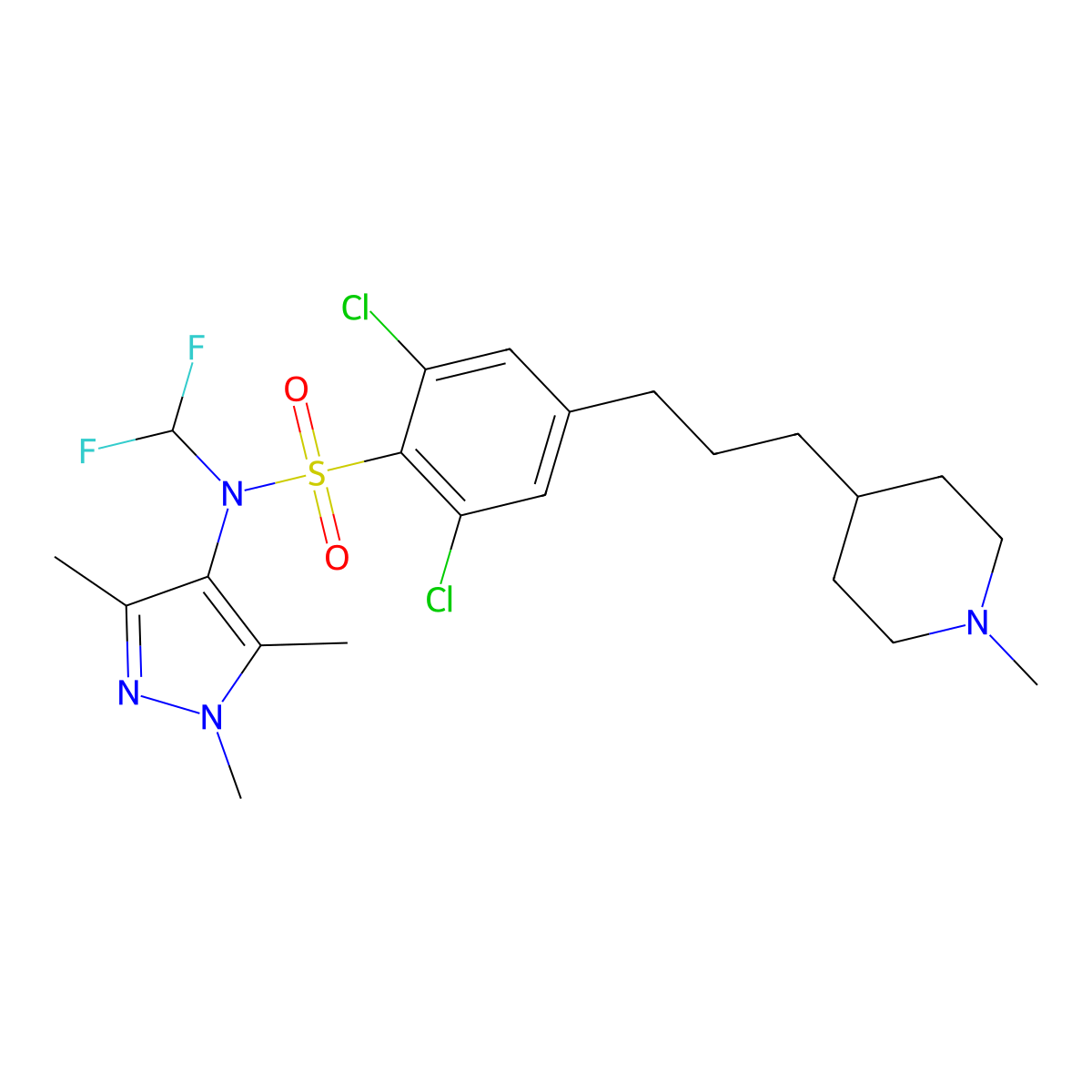 2,6-dichloro-N-(difluoromethyl)-4-(3-(1-methylpiperidin-4-yl)propyl)-N-(1,3,5-trimethyl-1H-pyrazol-4-yl)benzenesulfonamide molecular structure, CAS 1215012-74-0