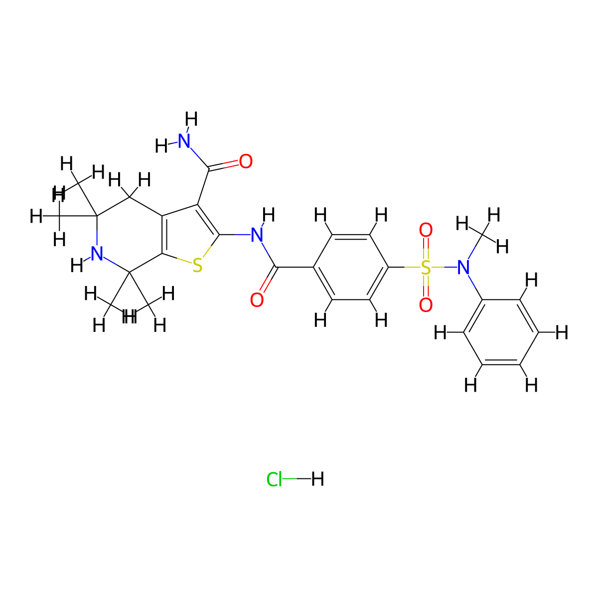 5,5,7,7-tetramethyl-2-(4-(N-methyl-N-phenylsulfamoyl)benzamido)-4,5,6,7-tetrahydrothieno[2,3-c]pyridine-3-carboxamide hydrochloride molecular structure, CAS 1215314-27-4