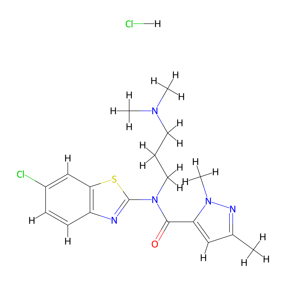 N-(6-chlorobenzo[d]thiazol-2-yl)-N-(3-(dimethylamino)propyl)-1,3-dimethyl-1H-pyrazole-5-carboxamide hydrochloride molecular structure, CAS 1215315-90-4