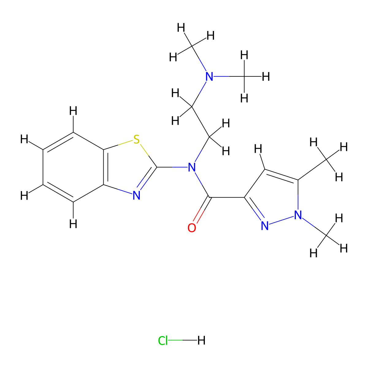 N-(benzo[d]thiazol-2-yl)-N-(2-(dimethylamino)ethyl)-1,5-dimethyl-1H-pyrazole-3-carboxamide hydrochloride molecular structure, CAS 1215318-84-5
