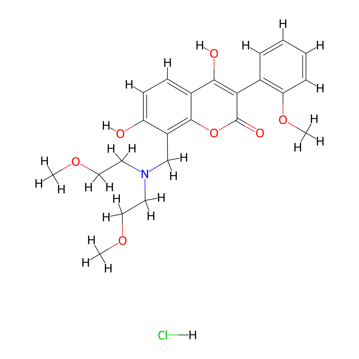 8-((bis(2-methoxyethyl)amino)methyl)-4,7-dihydroxy-3-(2-methoxyphenyl)-2H-chromen-2-one hydrochloride molecular structure, CAS 1215319-95-1