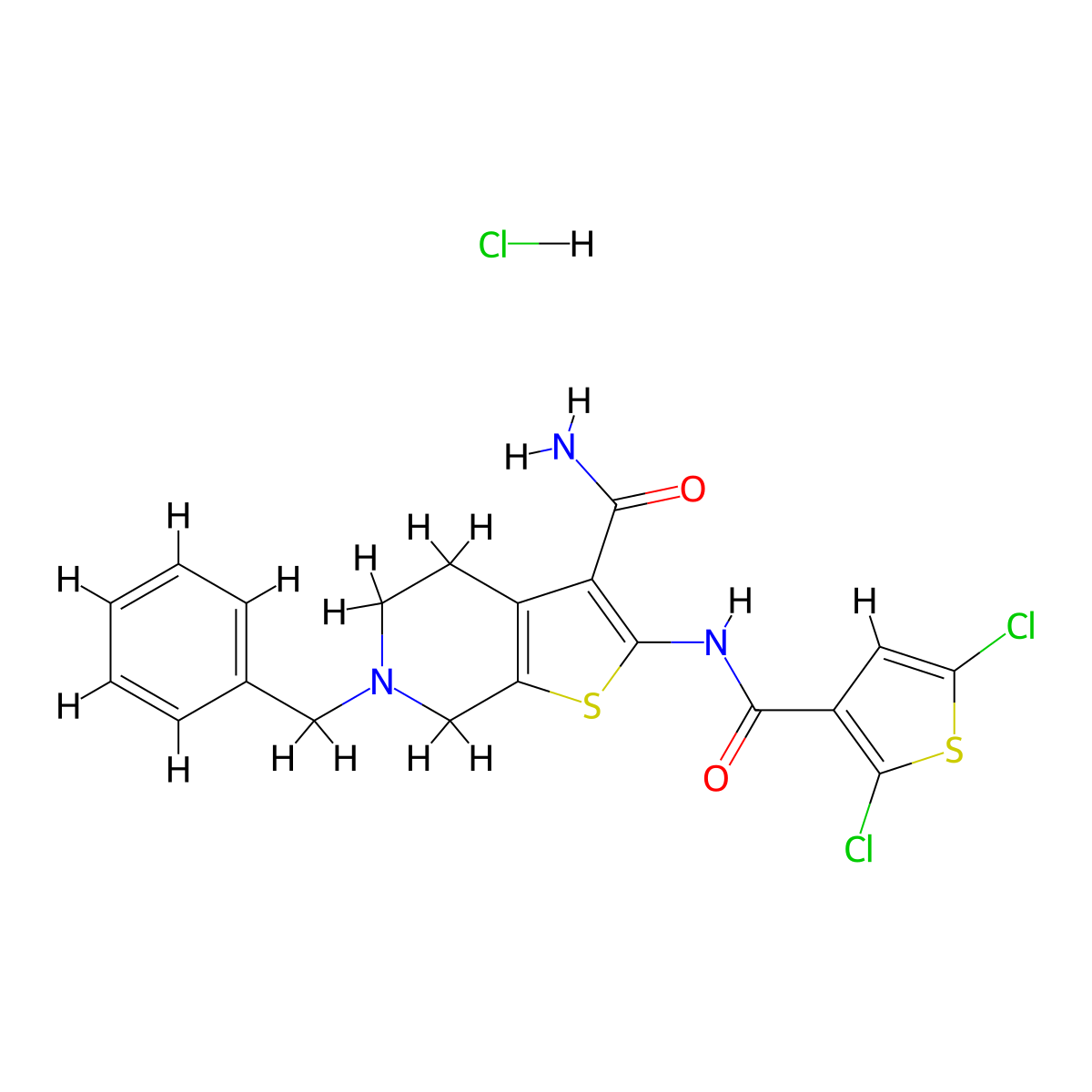 6-Benzyl-2-(2,5-dichlorothiophene-3-carboxamido)-4,5,6,7-tetrahydrothieno[2,3-c]pyridine-3-carboxamide hydrochloride molecular structure, CAS 1215326-75-2