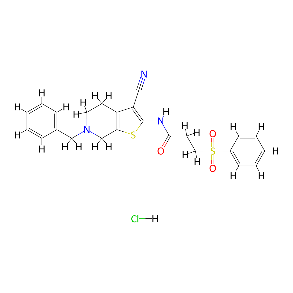 N-(6-benzyl-3-cyano-4,5,6,7-tetrahydrothieno[2,3-c]pyridin-2-yl)-3-(phenylsulfonyl)propanamide hydrochloride molecular structure, CAS 1215329-28-4