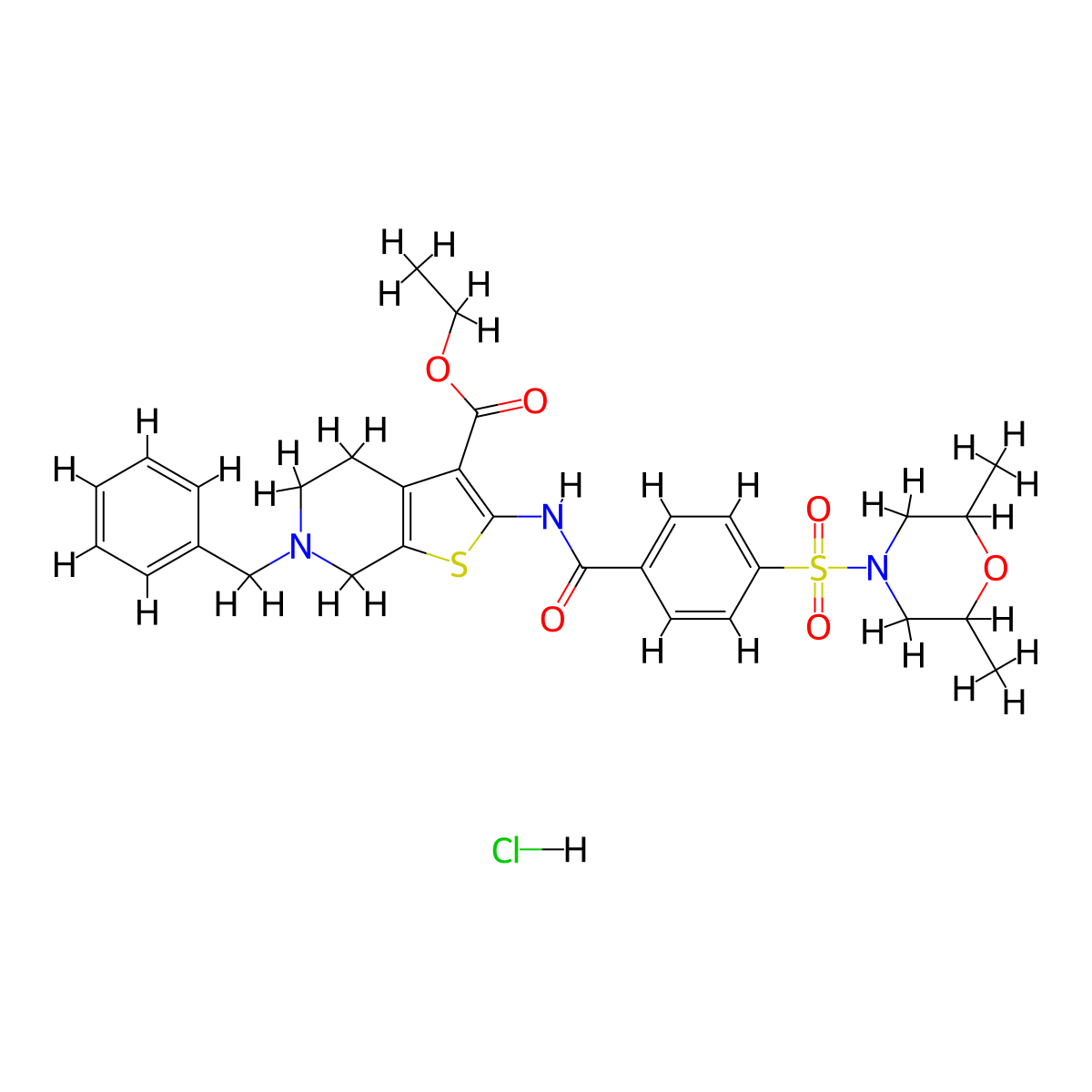 Ethyl 6-benzyl-2-(4-((2,6-dimethylmorpholino)sulfonyl)benzamido)-4,5,6,7-tetrahydrothieno[2,3-c]pyridine-3-carboxylate hydrochloride molecular structure, CAS 1215344-57-2