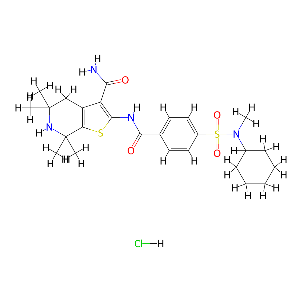 2-(4-(N-cyclohexyl-N-methylsulfamoyl)benzamido)-5,5,7,7-tetramethyl-4,5,6,7-tetrahydrothieno[2,3-c]pyridine-3-carboxamide hydrochloride molecular structure, CAS 1215347-99-1
