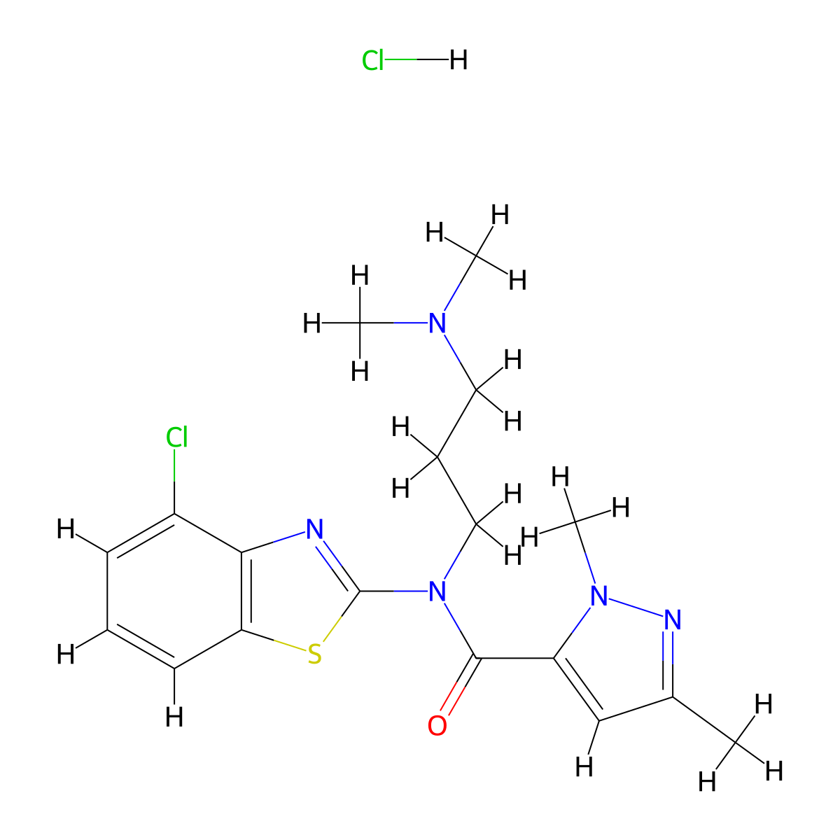 N-(4-chlorobenzo[d]thiazol-2-yl)-N-(3-(dimethylamino)propyl)-1,3-dimethyl-1H-pyrazole-5-carboxamide hydrochloride molecular structure, CAS 1215364-20-7