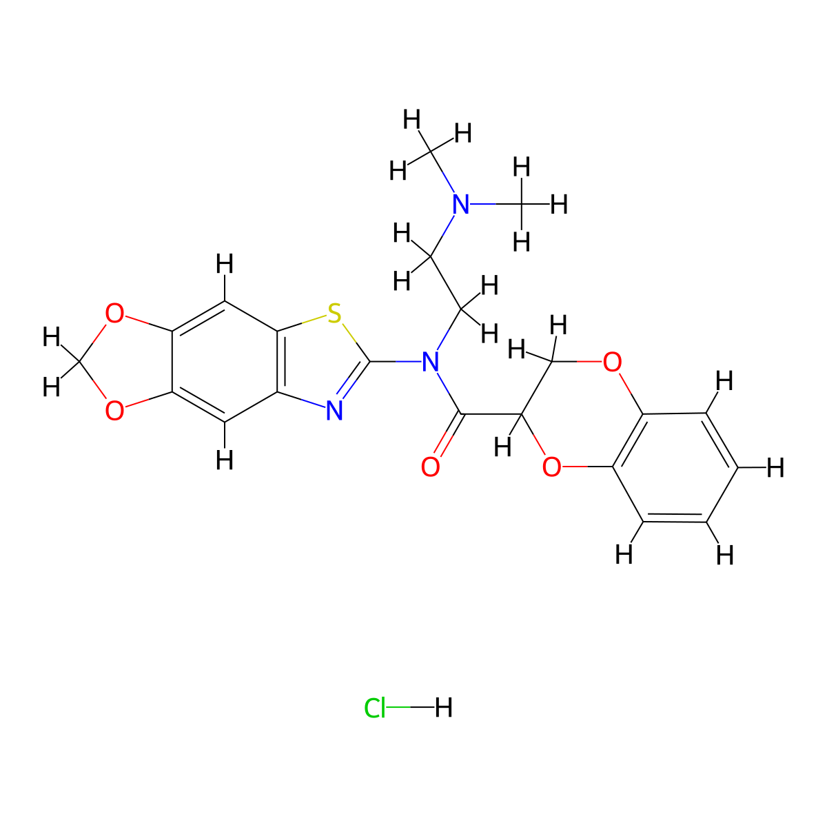 N-[2-(dimethylamino)ethyl]-N-{4,6-dioxa-10-thia-12-azatricyclo[7.3.0.0^{3,7}]dodeca-1(9),2,7,11-tetraen-11-yl}-2,3-dihydro-1,4-benzodioxine-2-carboxamide hydrochloride molecular structure, CAS 1215364-85-4