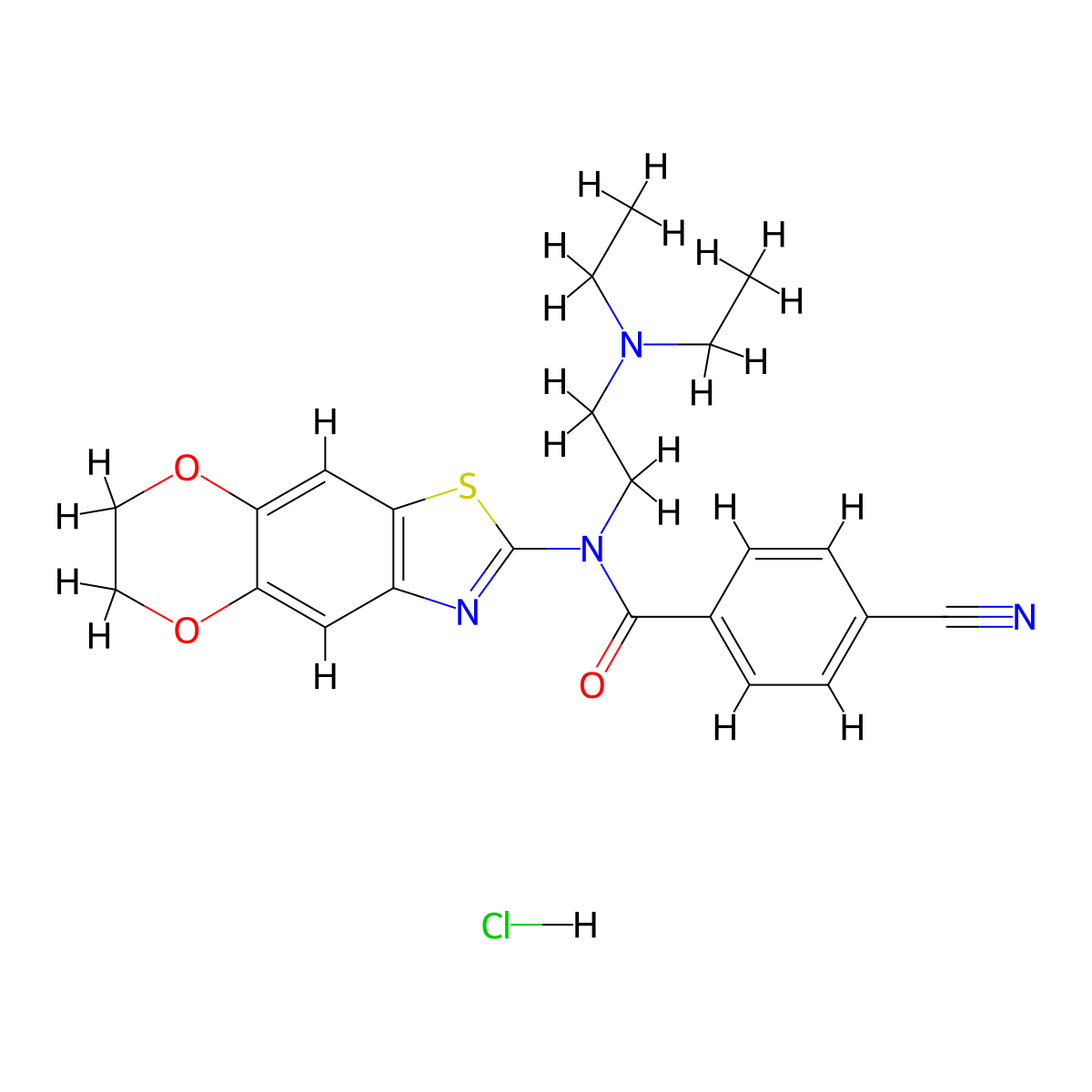 4-cyano-N-(2-(diethylamino)ethyl)-N-(6,7-dihydro-[1,4]dioxino[2',3':4,5]benzo[1,2-d]thiazol-2-yl)benzamide hydrochloride molecular structure, CAS 1215366-84-9