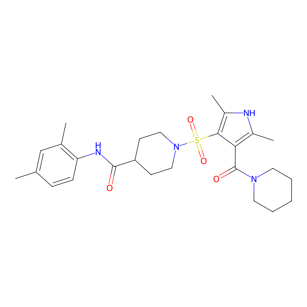 N-(2,4-dimethylphenyl)-1-{[2,5-dimethyl-4-(piperidin-1-ylcarbonyl)-1H-pyrrol-3-yl]sulfonyl}piperidine-4-carboxamide molecular structure, CAS 1215370-27-6