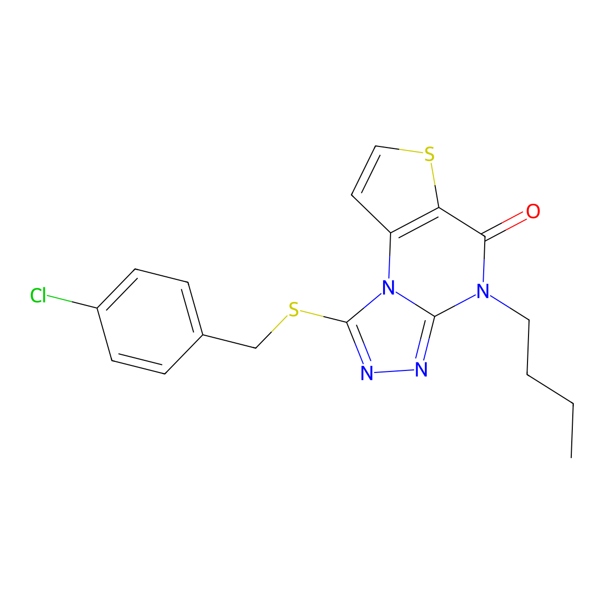 4-butyl-1-((4-chlorobenzyl)thio)thieno[2,3-e][1,2,4]triazolo[4,3-a]pyrimidin-5(4H)-one molecular structure, CAS 1215378-59-8