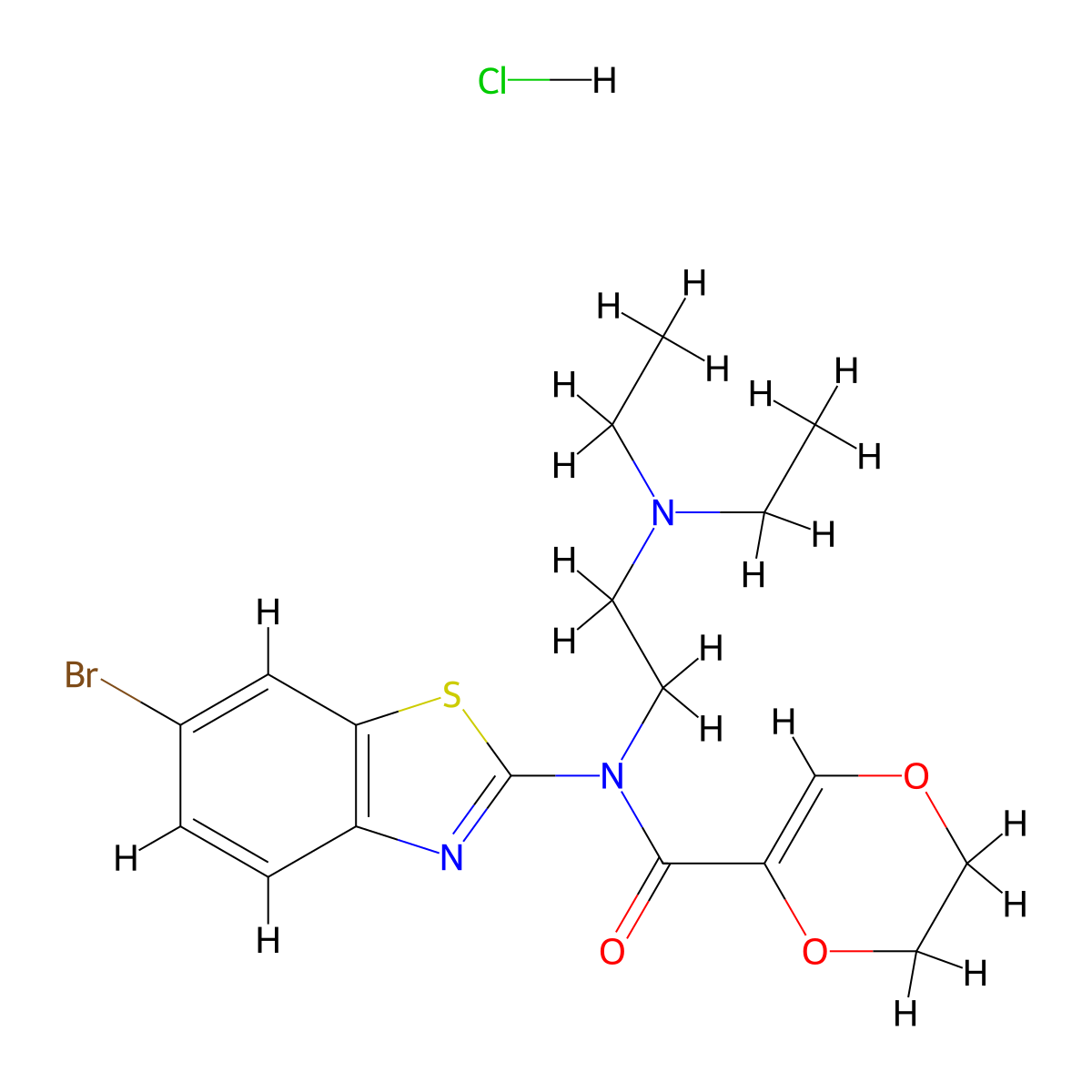 N-(6-bromobenzo[d]thiazol-2-yl)-N-(2-(diethylamino)ethyl)-5,6-dihydro-1,4-dioxine-2-carboxamide hydrochloride molecular structure, CAS 1215386-43-8