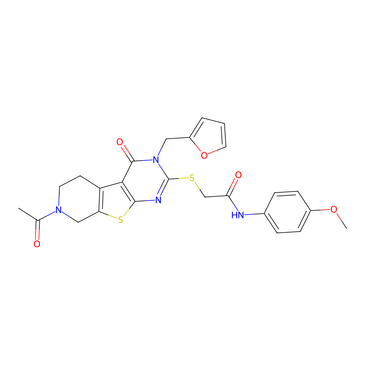 2-((7-acetyl-3-(furan-2-ylmethyl)-4-oxo-3,4,5,6,7,8-hexahydropyrido[4',3':4,5]thieno[2,3-d]pyrimidin-2-yl)thio)-N-(4-methoxyphenyl)acetamide molecular structure, CAS 1215387-46-4