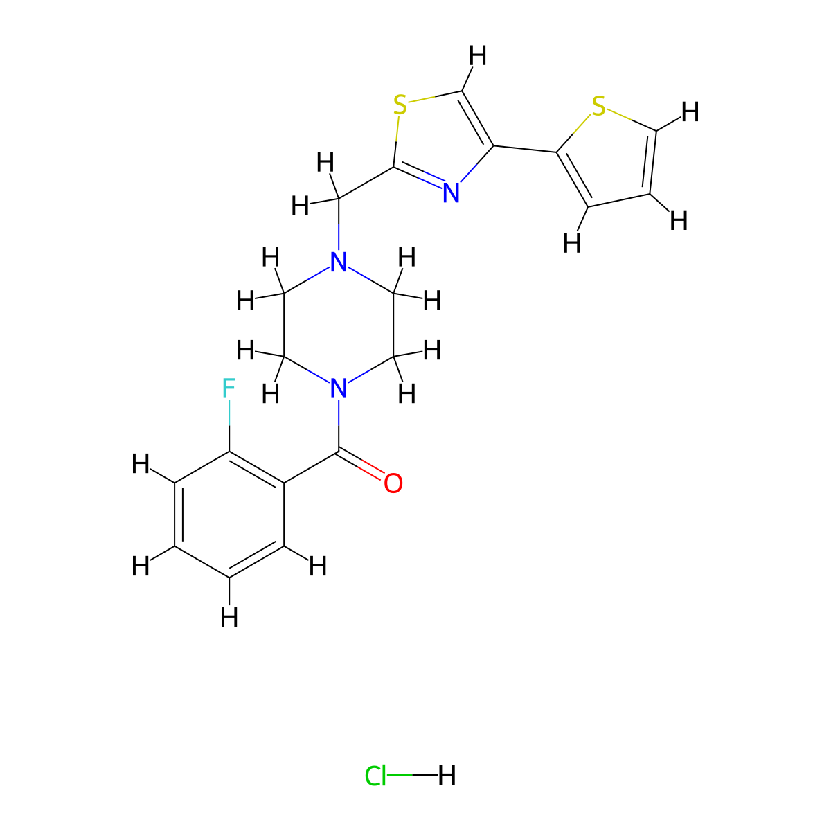 (2-Fluorophenyl)(4-((4-(thiophen-2-yl)thiazol-2-yl)methyl)piperazin-1-yl)methanone hydrochloride molecular structure, CAS 1215388-22-9