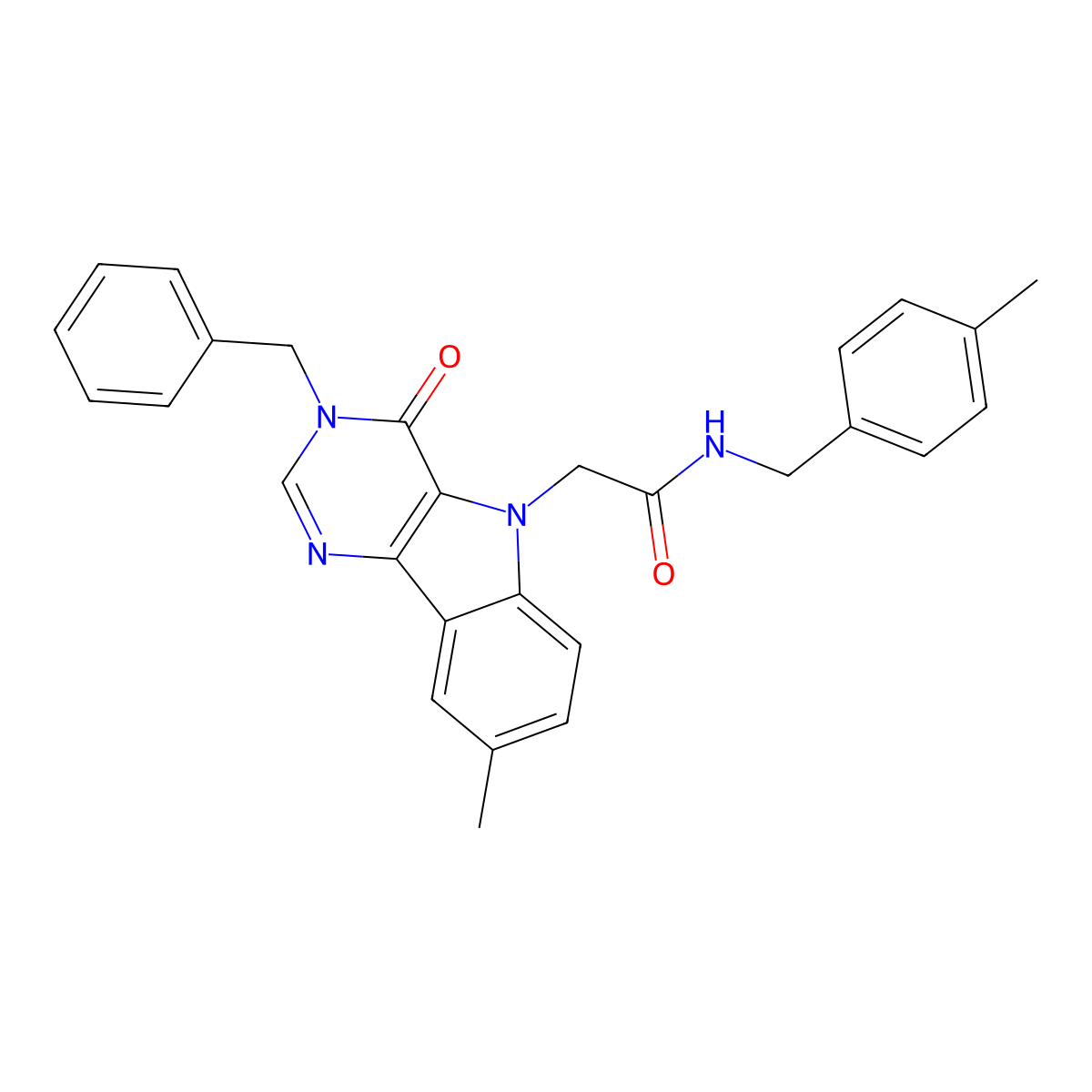 2-(3-benzyl-8-methyl-4-oxo-3H-pyrimido[5,4-b]indol-5(4H)-yl)-N-(4-methylbenzyl)acetamide molecular structure, CAS 1215390-64-9