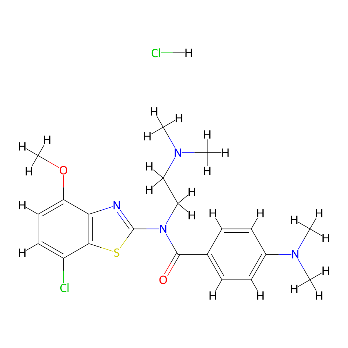 N-(7-chloro-4-methoxybenzo[d]thiazol-2-yl)-4-(dimethylamino)-N-(2-(dimethylamino)ethyl)benzamide hydrochloride molecular structure, CAS 1215397-90-2