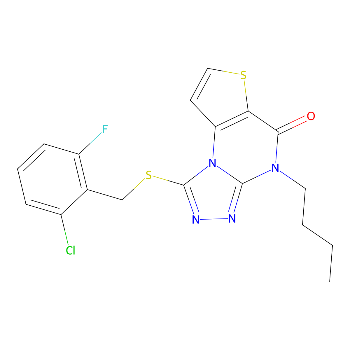 4-butyl-1-((2-chloro-6-fluorobenzyl)thio)thieno[2,3-e][1,2,4]triazolo[4,3-a]pyrimidin-5(4H)-one molecular structure, CAS 1215399-30-6