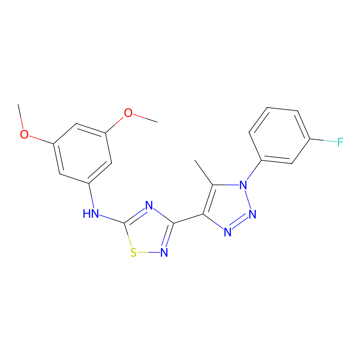 N-(3,5-dimethoxyphenyl)-3-[1-(3-fluorophenyl)-5-methyl-1H-1,2,3-triazol-4-yl]-1,2,4-thiadiazol-5-amine molecular structure, CAS 1215402-99-5