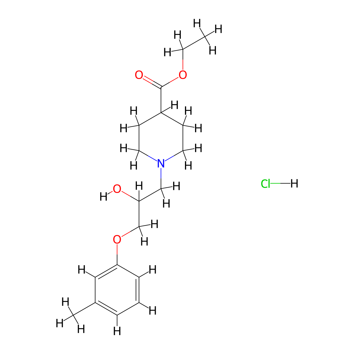 Ethyl 1-(2-hydroxy-3-(m-tolyloxy)propyl)piperidine-4-carboxylate hydrochloride molecular structure, CAS 1215404-28-6