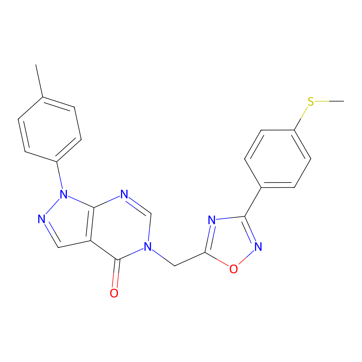 1-(4-methylphenyl)-5-({3-[4-(methylsulfanyl)phenyl]-1,2,4-oxadiazol-5-yl}methyl)-1H,4H,5H-pyrazolo[3,4-d]pyrimidin-4-one molecular structure, CAS 1215407-58-1