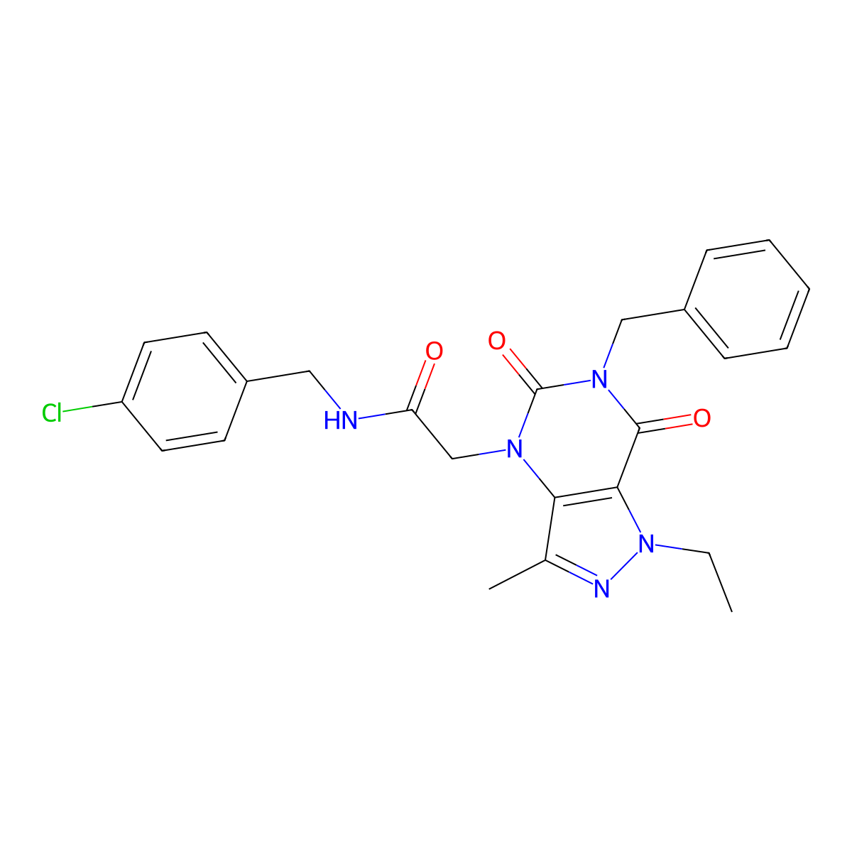 2-{6-benzyl-1-ethyl-3-methyl-5,7-dioxo-1H,4H,5H,6H,7H-pyrazolo[4,3-d]pyrimidin-4-yl}-N-[(4-chlorophenyl)methyl]acetamide molecular structure, CAS 1215415-39-6