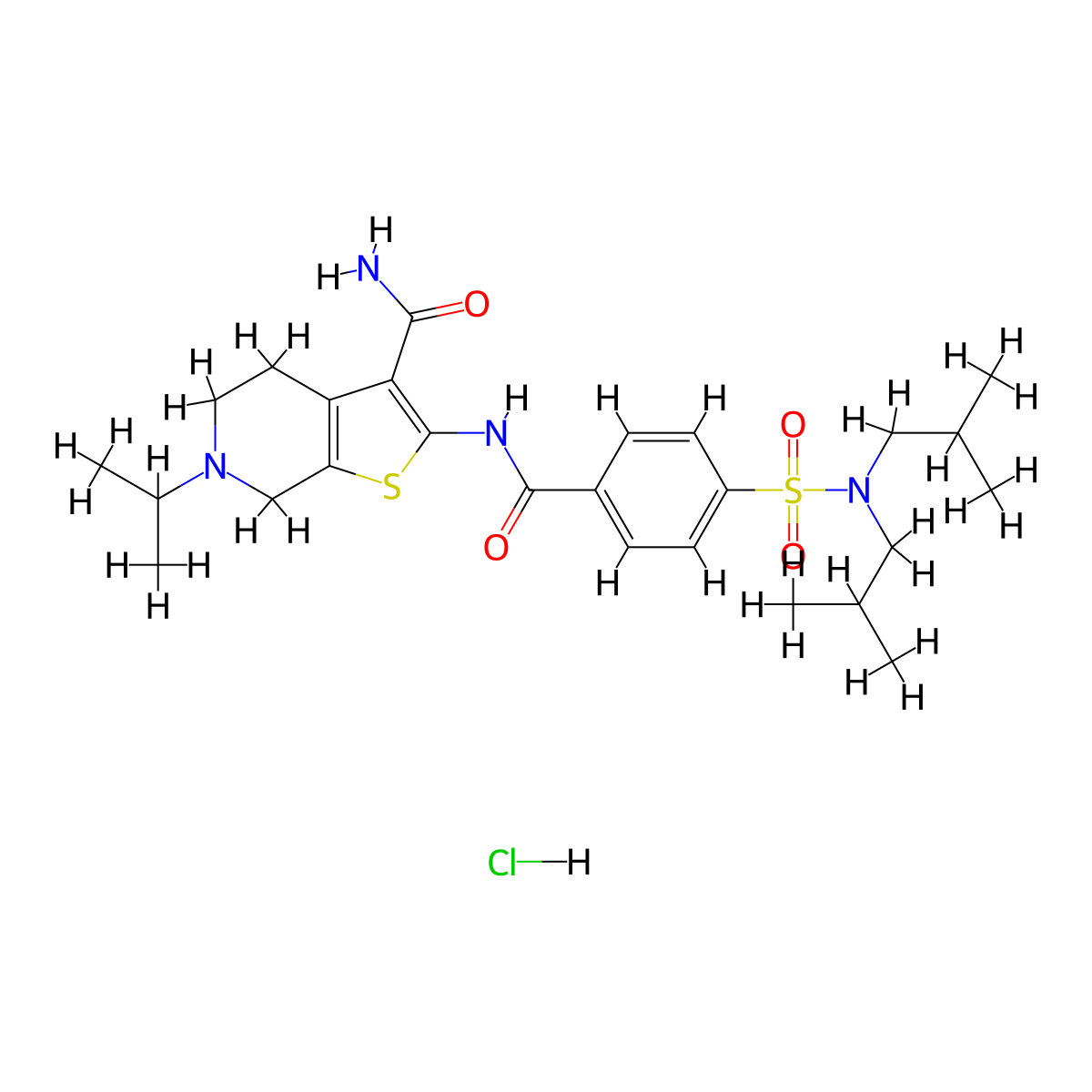 2-(4-(N,N-diisobutylsulfamoyl)benzamido)-6-isopropyl-4,5,6,7-tetrahydrothieno[2,3-c]pyridine-3-carboxamide hydrochloride molecular structure, CAS 1215415-96-5
