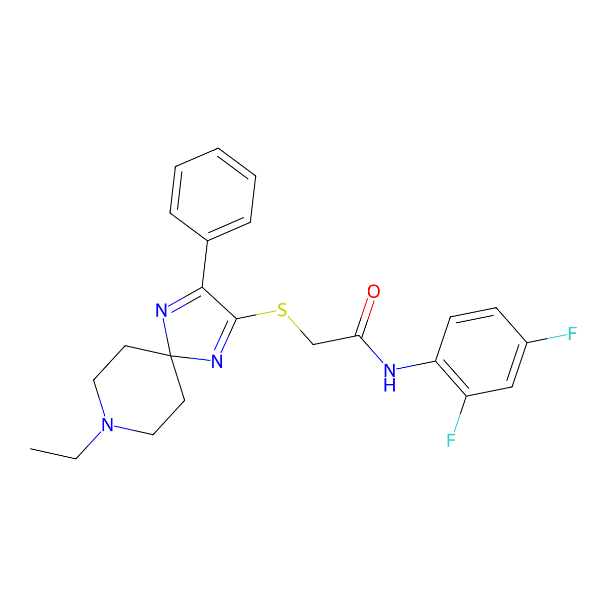N-(2,4-difluorophenyl)-2-((8-ethyl-3-phenyl-1,4,8-triazaspiro[4.5]deca-1,3-dien-2-yl)thio)acetamide molecular structure, CAS 1215419-18-3