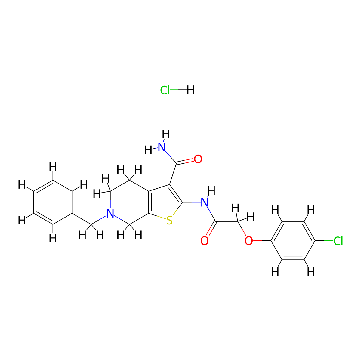 6-Benzyl-2-(2-(4-chlorophenoxy)acetamido)-4,5,6,7-tetrahydrothieno[2,3-c]pyridine-3-carboxamide hydrochloride molecular structure, CAS 1215421-53-6
