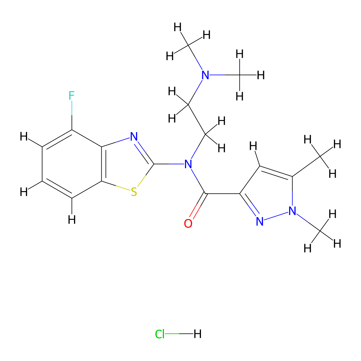 N-(2-(dimethylamino)ethyl)-N-(4-fluorobenzo[d]thiazol-2-yl)-1,5-dimethyl-1H-pyrazole-3-carboxamide hydrochloride molecular structure, CAS 1215422-54-0