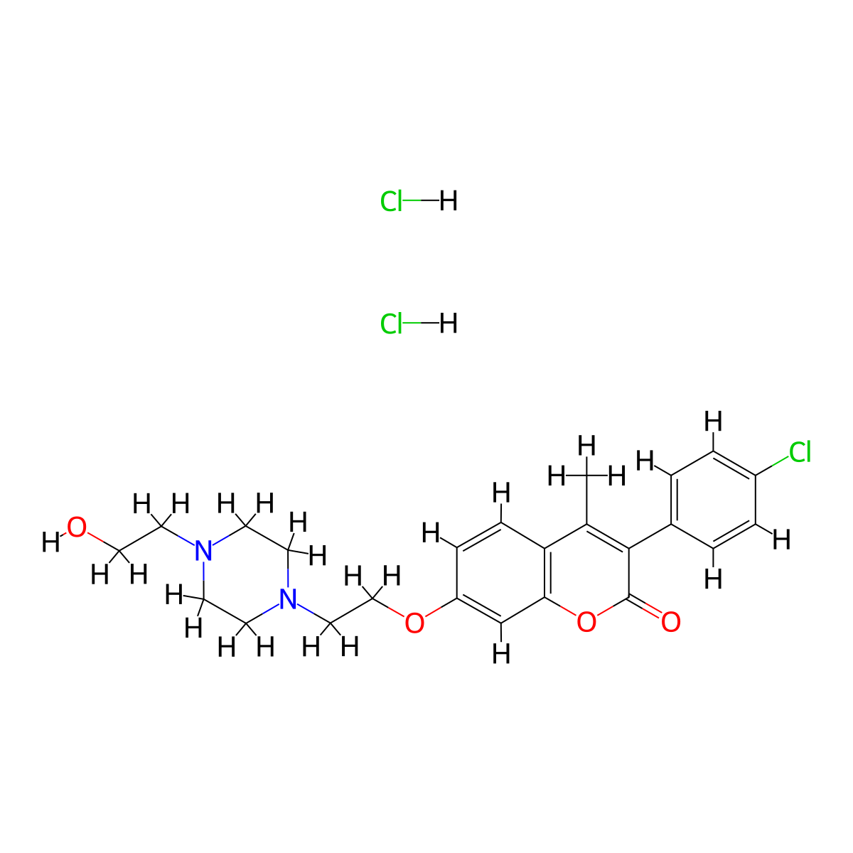 3-(4-chlorophenyl)-7-{2-[4-(2-hydroxyethyl)piperazin-1-yl]ethoxy}-4-methyl-2H-chromen-2-one dihydrochloride molecular structure, CAS 1215453-85-2