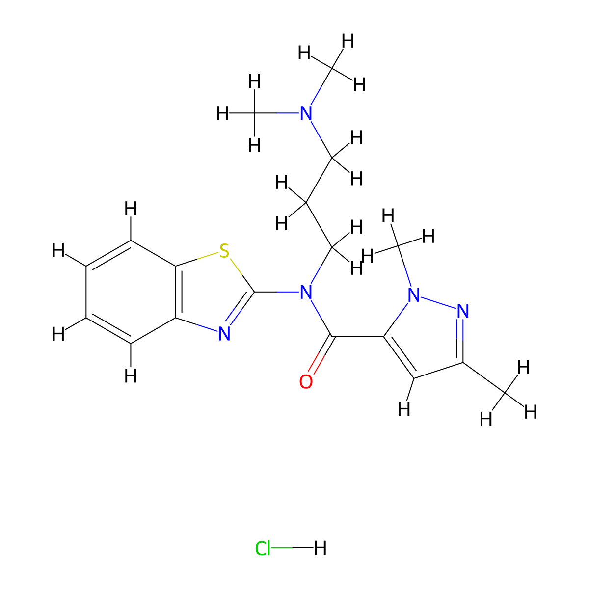 N-(benzo[d]thiazol-2-yl)-N-(3-(dimethylamino)propyl)-1,3-dimethyl-1H-pyrazole-5-carboxamide hydrochloride molecular structure, CAS 1215453-90-9
