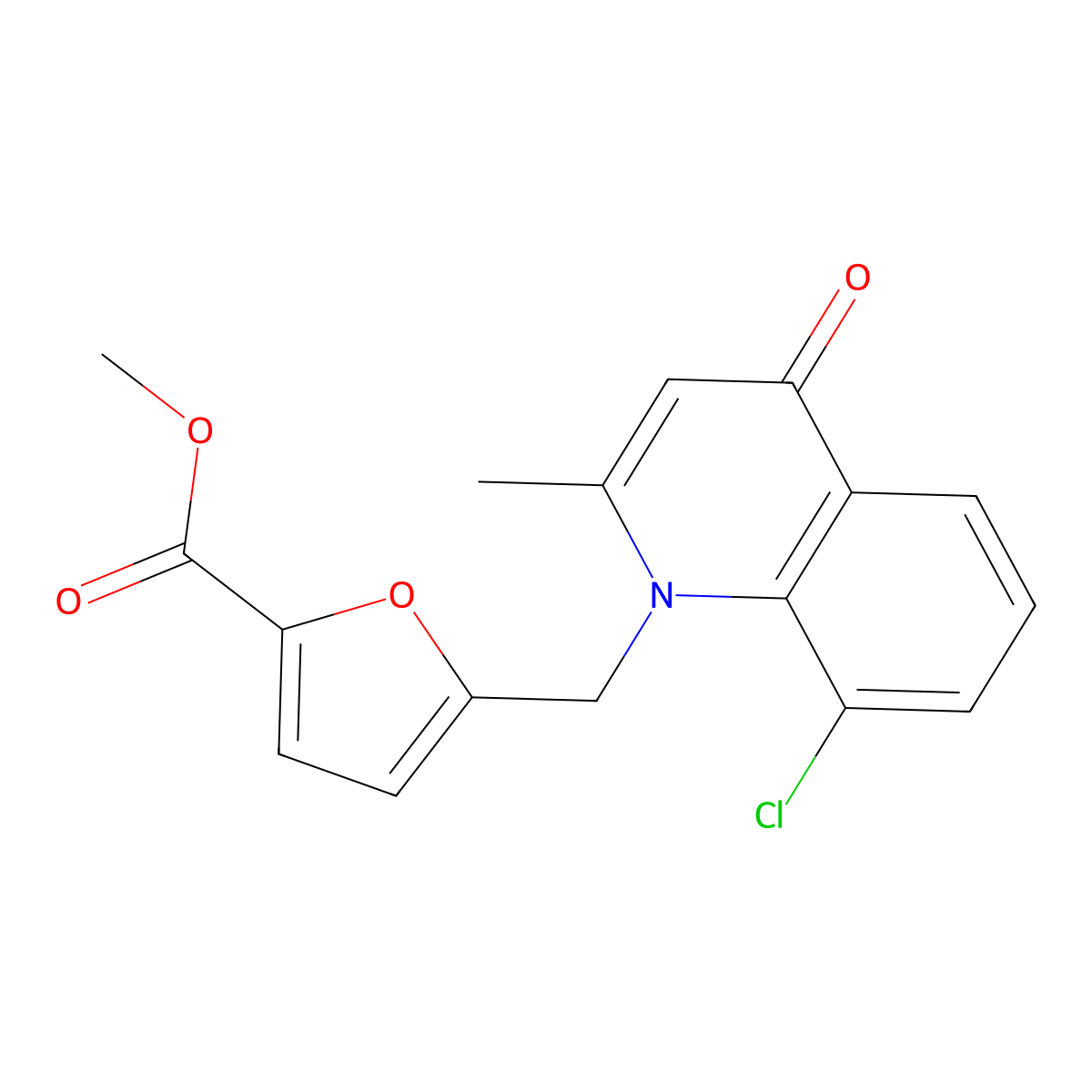 Methyl 5-((8-chloro-2-methyl-4-oxoquinolin-1(4H)-yl)methyl)furan-2-carboxylate molecular structure, CAS 1215460-95-9