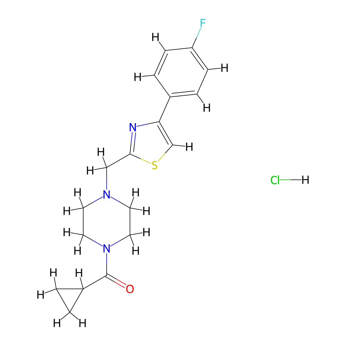 Cyclopropyl(4-((4-(4-fluorophenyl)thiazol-2-yl)methyl)piperazin-1-yl)methanone hydrochloride molecular structure, CAS 1215462-74-0
