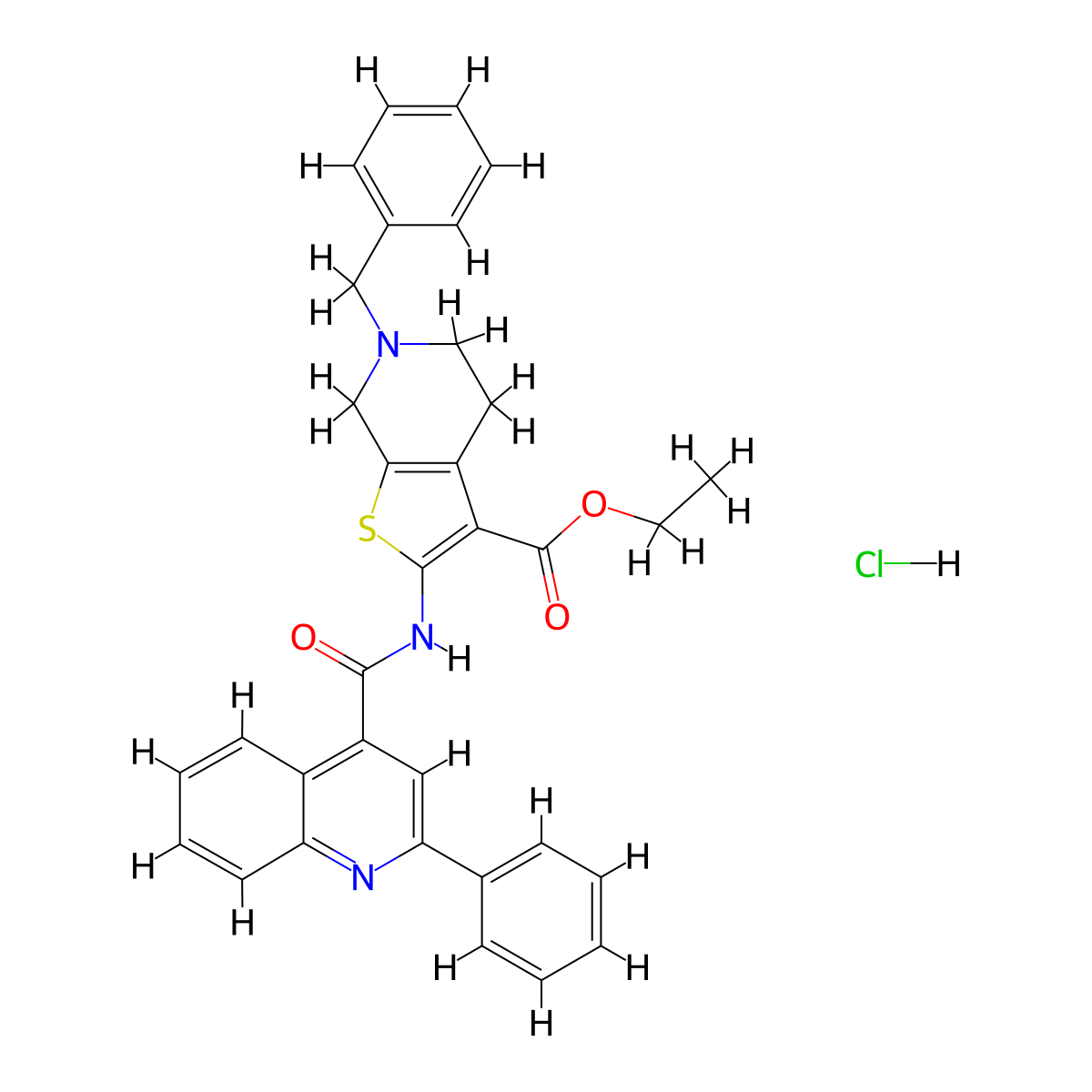 Ethyl 6-benzyl-2-(2-phenylquinoline-4-carboxamido)-4,5,6,7-tetrahydrothieno[2,3-c]pyridine-3-carboxylate hydrochloride molecular structure, CAS 1215472-24-4