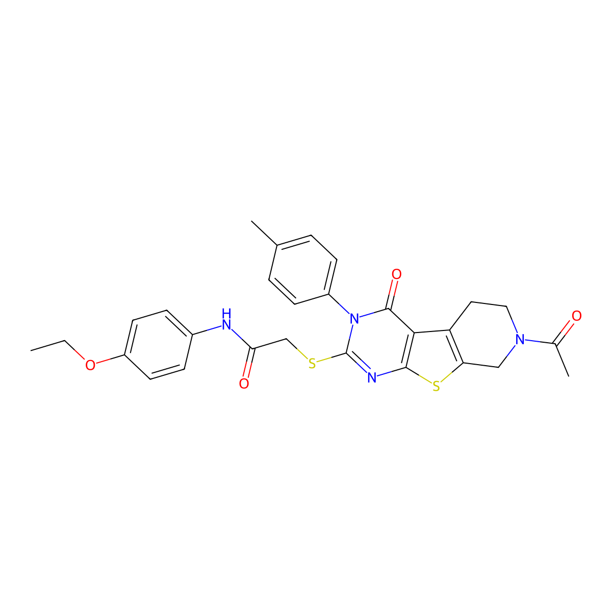 2-((7-acetyl-4-oxo-3-(p-tolyl)-3,4,5,6,7,8-hexahydropyrido[4',3':4,5]thieno[2,3-d]pyrimidin-2-yl)thio)-N-(4-ethoxyphenyl)acetamide molecular structure, CAS 1215477-25-0