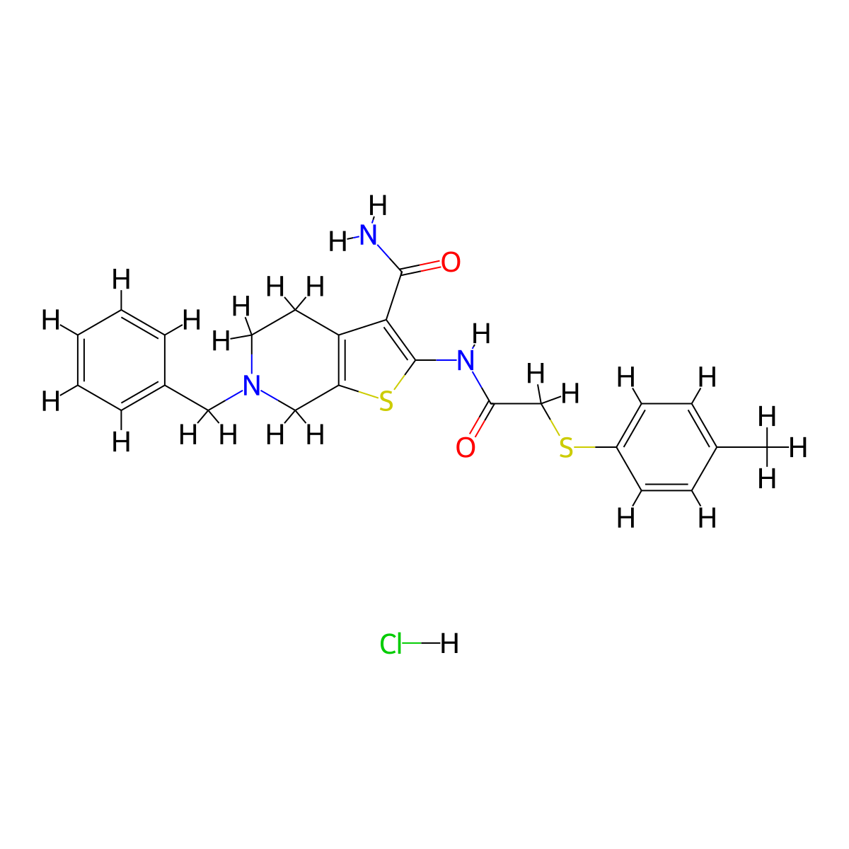 6-Benzyl-2-(2-(p-tolylthio)acetamido)-4,5,6,7-tetrahydrothieno[2,3-c]pyridine-3-carboxamide hydrochloride molecular structure, CAS 1215478-04-8