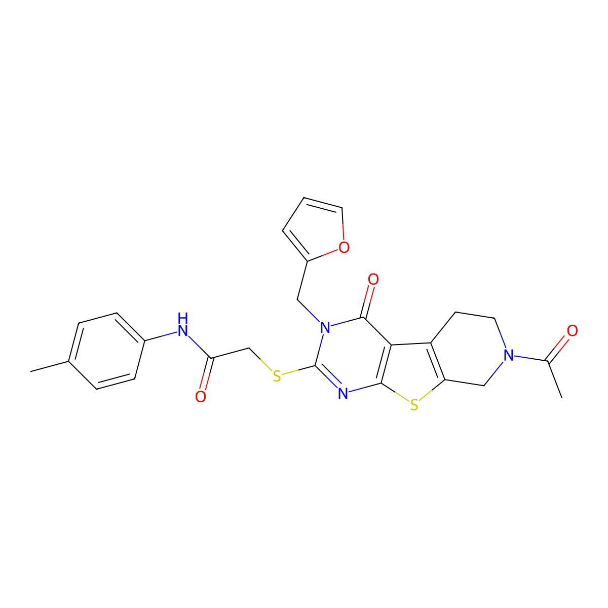 2-({11-acetyl-4-[(furan-2-yl)methyl]-3-oxo-8-thia-4,6,11-triazatricyclo[7.4.0.0^{2,7}]trideca-1(9),2(7),5-trien-5-yl}sulfanyl)-N-(4-methylphenyl)acetamide molecular structure, CAS 1215481-48-3