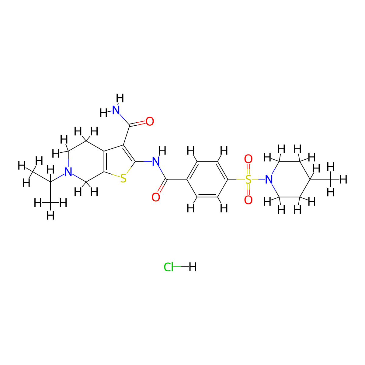 6-Isopropyl-2-(4-((4-methylpiperidin-1-yl)sulfonyl)benzamido)-4,5,6,7-tetrahydrothieno[2,3-c]pyridine-3-carboxamide hydrochloride molecular structure, CAS 1215481-87-0
