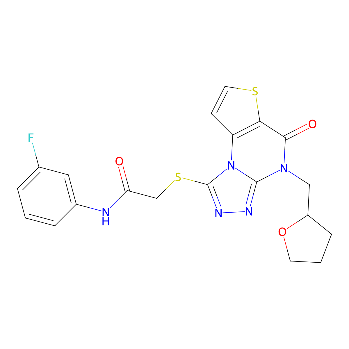 N-(3-fluorophenyl)-2-((5-oxo-4-((tetrahydrofuran-2-yl)methyl)-4,5-dihydrothieno[2,3-e][1,2,4]triazolo[4,3-a]pyrimidin-1-yl)thio)acetamide molecular structure, CAS 1215499-10-7