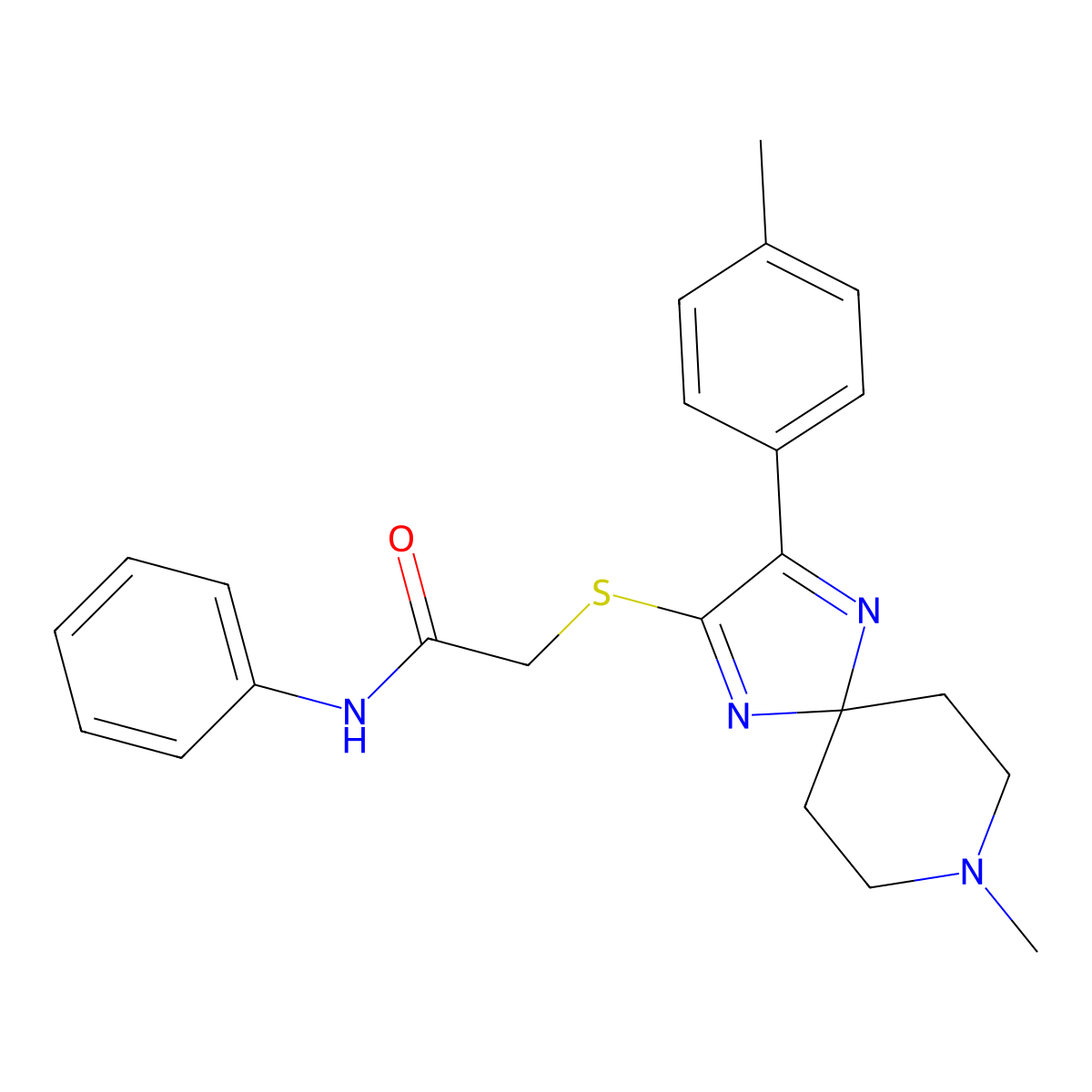 2-((8-methyl-3-(p-tolyl)-1,4,8-triazaspiro[4.5]deca-1,3-dien-2-yl)thio)-N-phenylacetamide molecular structure, CAS 1215501-49-7
