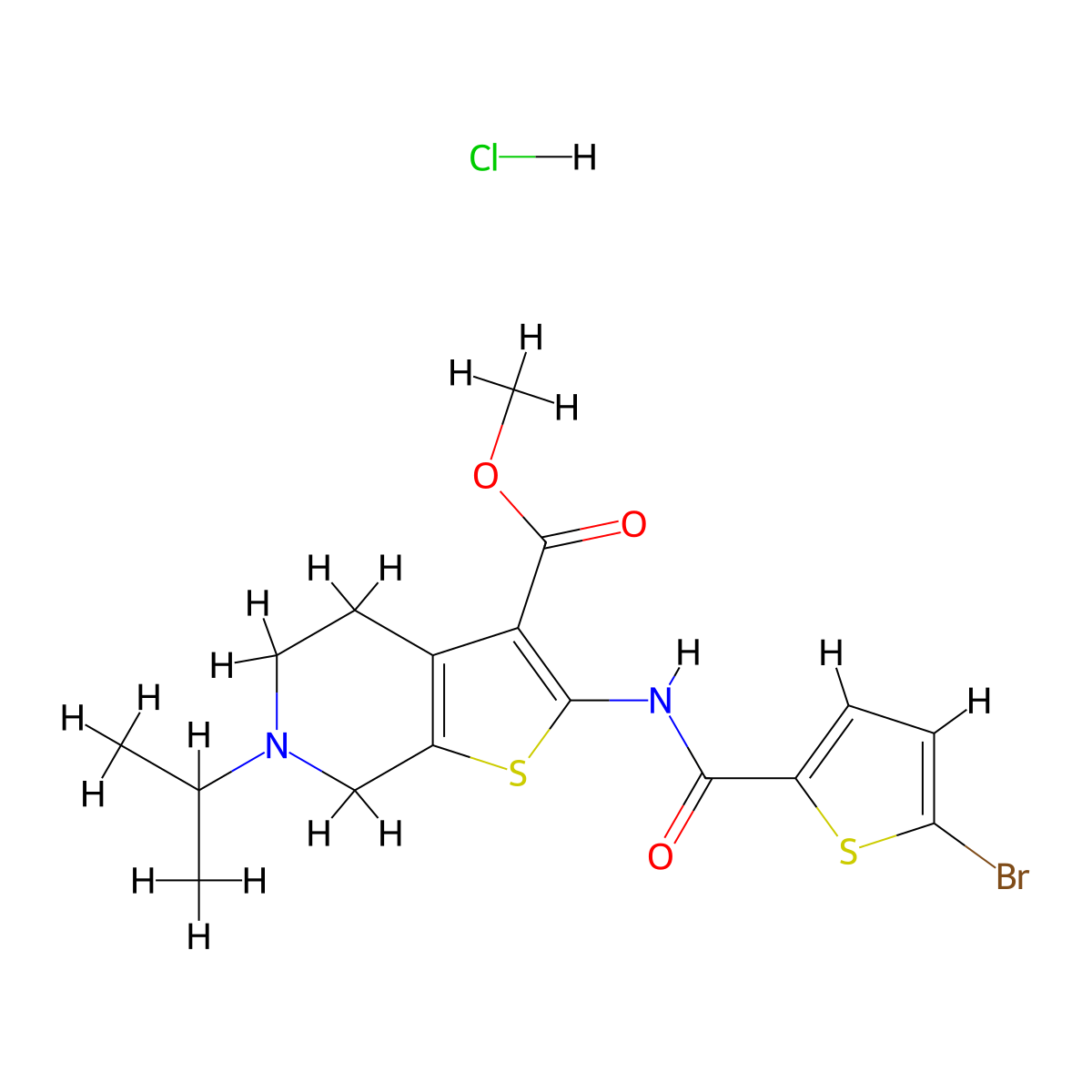 Methyl 2-(5-bromothiophene-2-carboxamido)-6-isopropyl-4,5,6,7-tetrahydrothieno[2,3-c]pyridine-3-carboxylate hydrochloride molecular structure, CAS 1215501-91-9