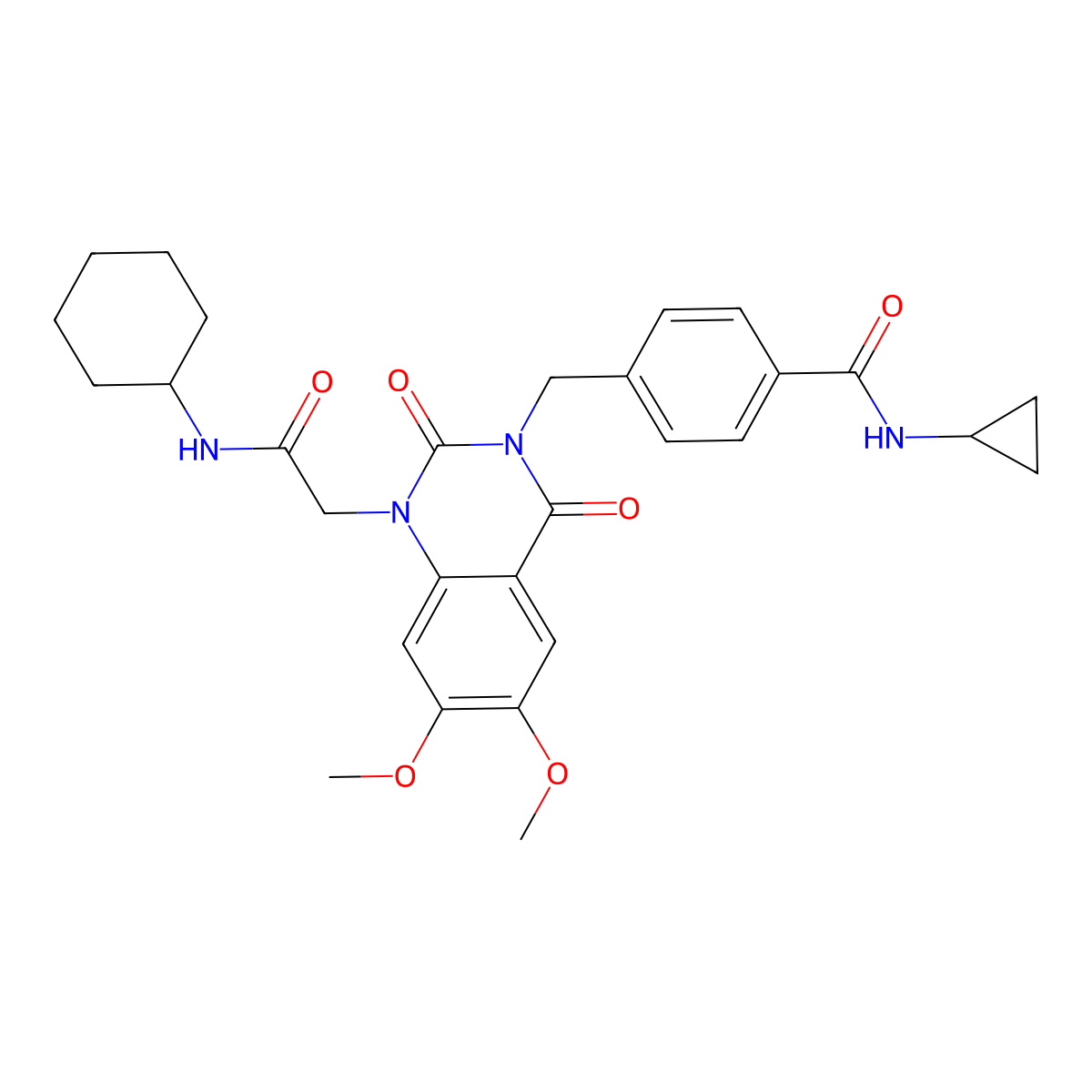 4-((1-(2-(cyclohexylamino)-2-oxoethyl)-6,7-dimethoxy-2,4-dioxo-1,2-dihydroquinazolin-3(4H)-yl)methyl)-N-cyclopropylbenzamide molecular structure, CAS 1215509-40-2