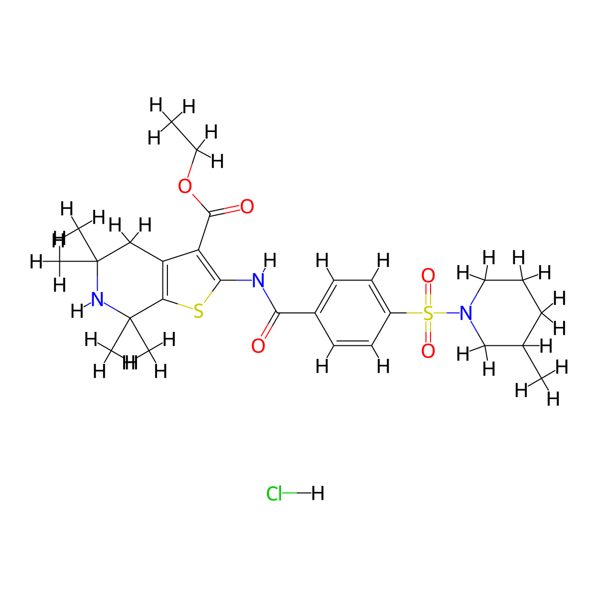 Ethyl 5,5,7,7-tetramethyl-2-(4-((3-methylpiperidin-1-yl)sulfonyl)benzamido)-4,5,6,7-tetrahydrothieno[2,3-c]pyridine-3-carboxylate hydrochloride molecular structure, CAS 1215510-44-3