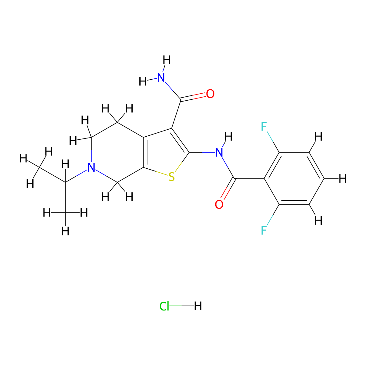 2-(2,6-Difluorobenzamido)-6-isopropyl-4,5,6,7-tetrahydrothieno[2,3-c]pyridine-3-carboxamide hydrochloride molecular structure, CAS 1215520-83-4